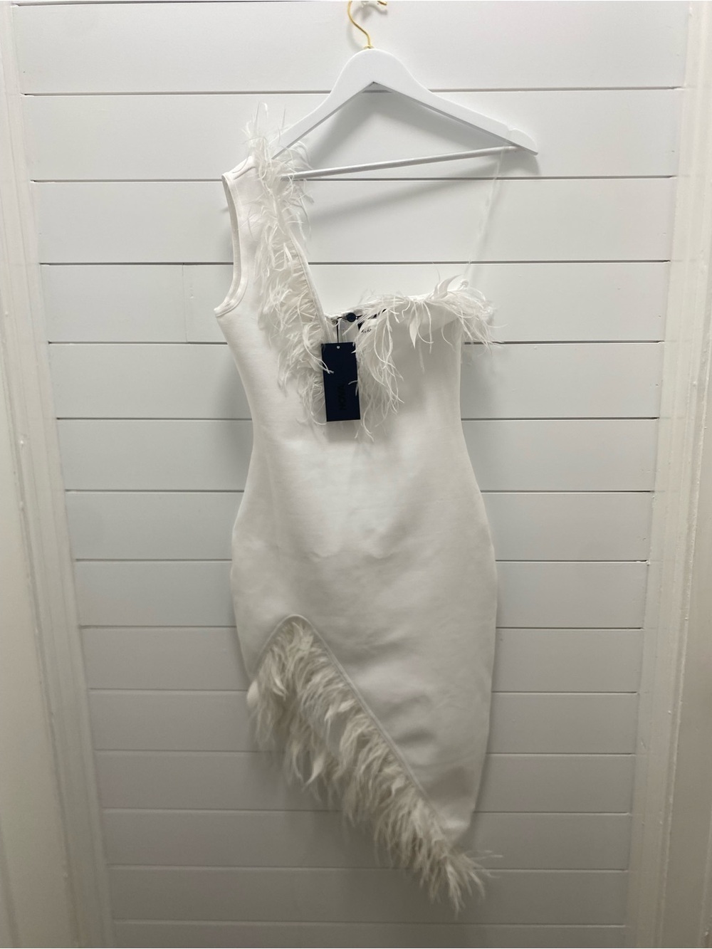 Asymmetric One-Shoulder White Feather Dress